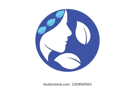 Logo de la ilustración del vector facial femenino con hojas como símbolo del salón de belleza