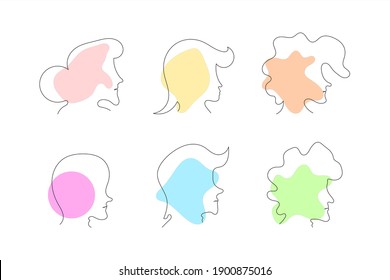 The female face is visible from the side in an abstract line style. A set of faces or female heads from the side for the avatar