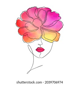 Female face with  watercolor peony flower on her head. Modern art.