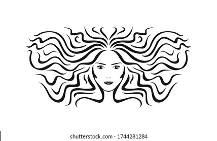 Female Face With Wavy Hair. Vector Black And White Illustration. Silhouette Of Girl With Flying Hair Outline. Cartoon Flat Style.