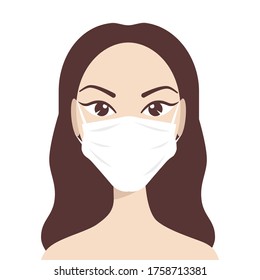 Female face in white protective medical mask isolated on a white background, portrait of a girl in a respiratory mask, vector illustration