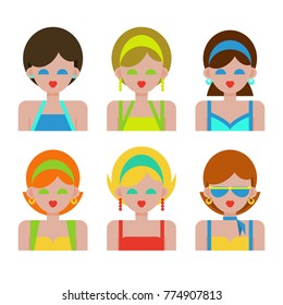 The female face. Women and beautiful young girls with different hairstyles in colorful clothes, isolated on white background. Vector illustration