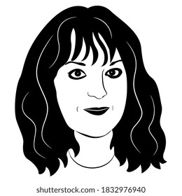 Female face. Young woman with loose hair. Black and white silhouette.