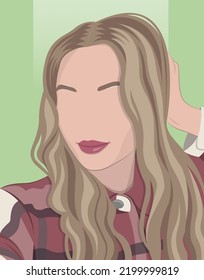 Female faceless portrait. Smiling blonde hair woman. Woman with long hair vector illustration. Girl with checkered shirt. Fashion portrait. Female portrait without nose and eyes. Strands of hair. 