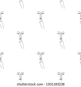 Female faces and arms vector seamless pattern. Line art. White and black background.