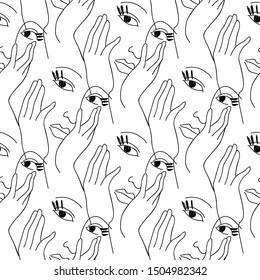 Female faces and arms vector seamless pattern. White and black background.