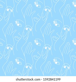 Female faces and arms vector seamless pattern. Blue background.