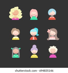 Female faces avatars. Girl icons. Happy people with different hairstyles. Vector illustration