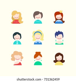 Female faces avatars. Girl icons. Happy people with different hairstyles. Vector illustration