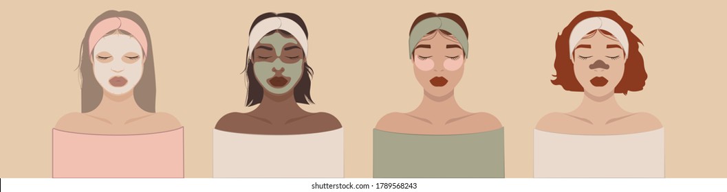 Female faces and beauty cosmetic masks.Beauty and skin care product concept.Application of clay masks, alginate masks, patches, cloth masks.