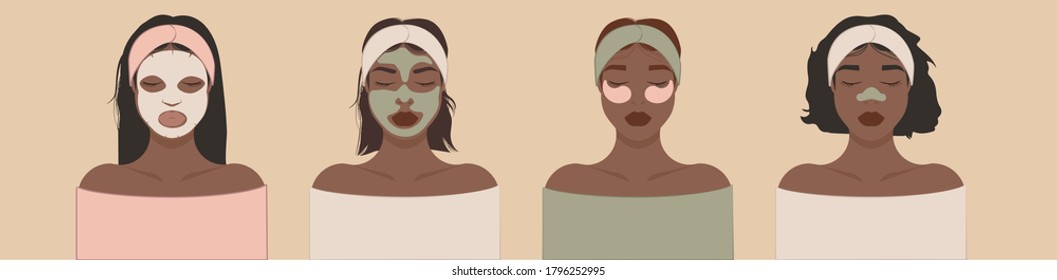 Female faces and beauty cosmetic masks.Beauty and skin care product concept.Application of clay masks, alginate masks, patches, cloth masks.