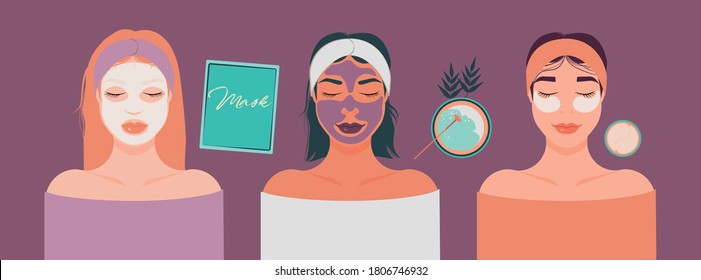 Caras femeninas y máscaras cosméticas de belleza.Concepto de belleza y cuidado de la piel.Aplicación de máscaras de arcilla, máscaras alginadas, parches, máscaras de tela.