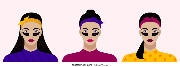 Female faces and collagen hydro gel eye black patches. Facial skin care vector illustration.
