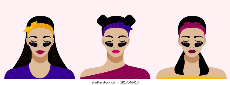 Female faces and collagen hydro gel eye black patches. Facial skin care vector illustration.