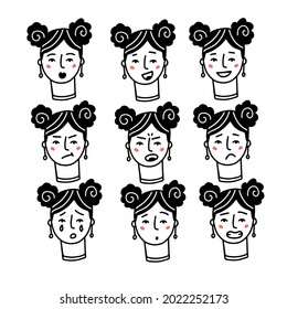 Female Faces expressions with feelings, moods, emotion. Set of one woman portraits. Happy, sad, angry, Surprised, shy, excited, suspense, intense and tired character face.Linear doodle vector sketch.