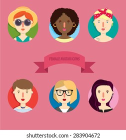 Female faces in flat style. 