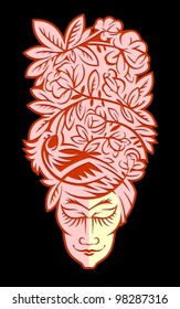 female faces with flowers and bird cut out of paper