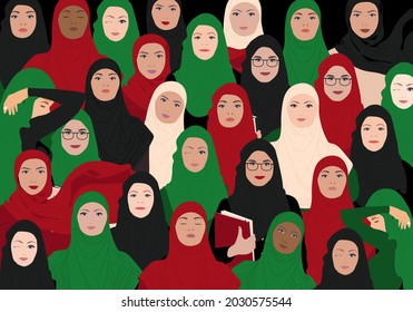 Female faces in hijab of different ethnics group. Structure of the movement for the empowerment of women. vector.