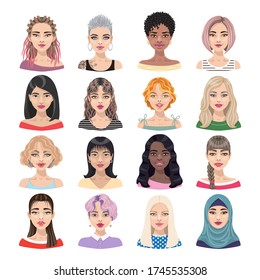 Female faces isolated on white.  Girlfriends group, union of feminists, sisterhood. Cute girls with different hairstyles and makeup. Cartoon characters for social network, feminism theme, Womens Day.