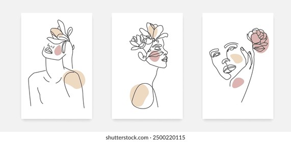 Female Faces One Line Drawing Prints Set. Creative Contemporary Abstract Line Drawing. Modern Fashion Vector Minimalist Design for Wall Art, Print, Card, Poster.	