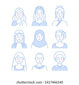 Female faces outline icons.  Multiracial women characters vector. Set of various avatars for web projects. Asian, Indian, European, African. Editable stroke