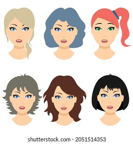 Female faces. People avatars set isolated on a white background. Profile picture icons. Cute cartoon modern simple design. Beautiful colorful template. Flat style vector illustration. EPS10