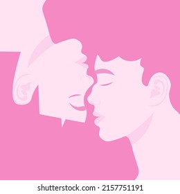 Female faces in profile, turned to each other. Lesbian love. Flat conceptual vector illustration. face to face, facing