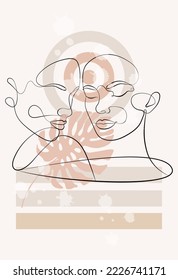 Female faces of the same line. Abstract geometric shapes. Continuous female portrait. Geometric shapes and floral elements in a modern minimalist style.