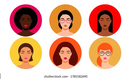 Female faces set. Avatar collection. Characters pic to users, presentations, design. Different beautiful women's head, multi-ethnicity people. Modern vector illustration.