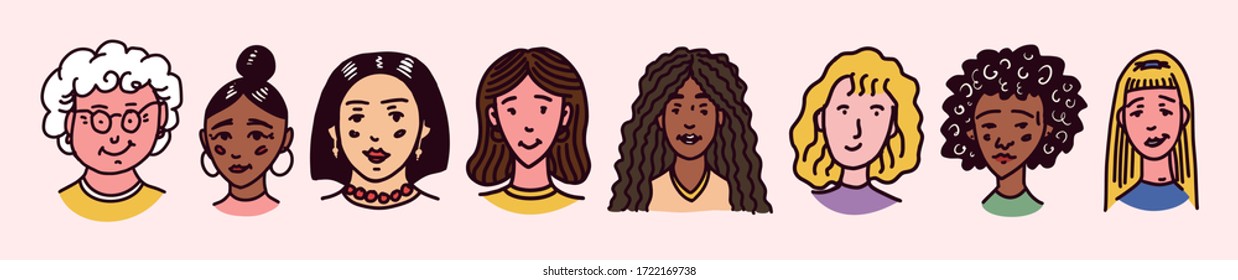 Female faces set. Young woman and girls. people. Human Avatars Collection. Old and young age. Portrait with a positive facial expression. Hand drawn doodle sketch.