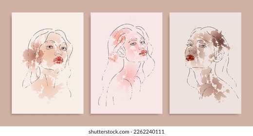 Female faces in trendy art style. Line art in an elegant style with watercolor paint for prints, tattoos, posters, textiles, cards. Beautiful women face contour grunge brush vector illustration.  