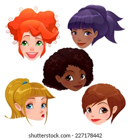 Female faces. Vector cartoon isolated objects. 