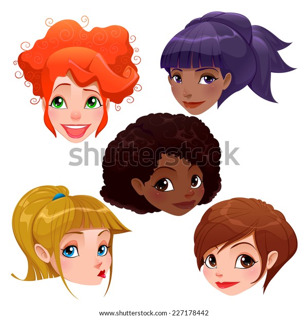 Female faces. Vector cartoon isolated objects.