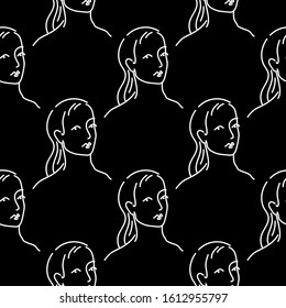 Female faces vector seamless pattern. Line art. Black background.