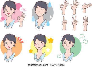 Female facial expression hand icon set
