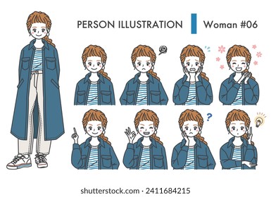 Female facial expression illustration set