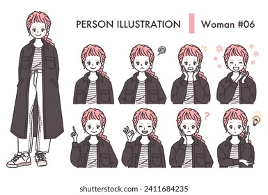 Female facial expression illustration set