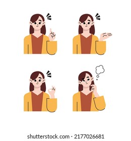Female facial expression pattern set material. Flat drawn style vector design illustrations.