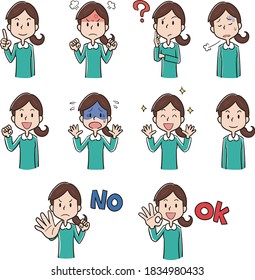 Female facial expression pose variation illustration set