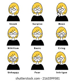 Un conjunto de expresiones faciales femeninas.