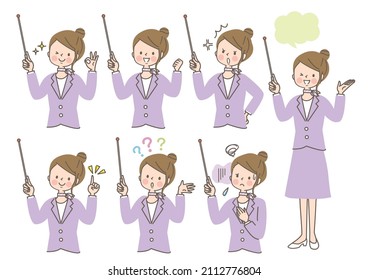 Female facial expression set in a suit to explain with instruction stick