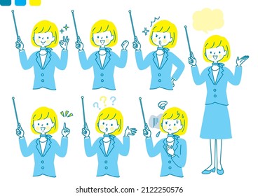 Female facial expression set in a suit to explain with instruction stick