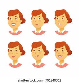 Female Facial Expressions - vector cartoon people character illustration. Young woman head with different emotions - smiling, friendly, surprised, angry, bored, sad, disappointed, indifferent, neutral