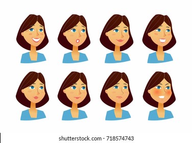 Female Facial Expressions - vector illustration of a woman, employer, supervisor, colleague, cartoon character. Number of faces depicting emotions, happy, kindness, trust, sad, pity, interest