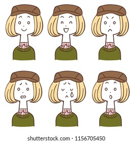 Female facial expressions wearing a hunting cap 6 types