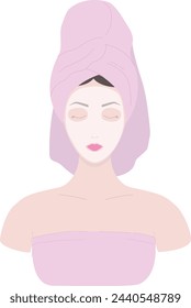 Female with facial sheet mask in pink towel in bathroom. Home beauty routine. Home spa treatment
