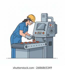 A female factory worker operating a machine and checking products on a conveyor belt while wearing safety equipment such as a helmet, gloves, and protective glasses.
