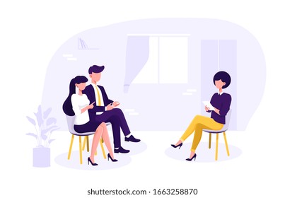 Female family psychologist seated on a stool counselling a young married couple in her office, vector illustration