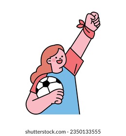 A female fan cheers for her team with a soccer ball. Supporters cheering for a sports team. outline simple vector illustration.