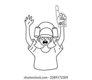 Female fan at a tournament with glove. A fan at a football or basketball tournament. Vector